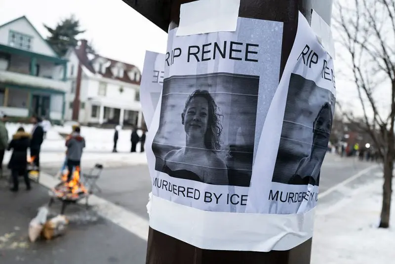 MINNEAPOLIS, MINNESOTA - JANUARY 08: A portrait of Renee Nicole Good is pasted to a light pole near the site of her shooting on January 08, 2026 in Minneapolis, Minnesota. (Photo by Stephen Maturen/Getty Images)
